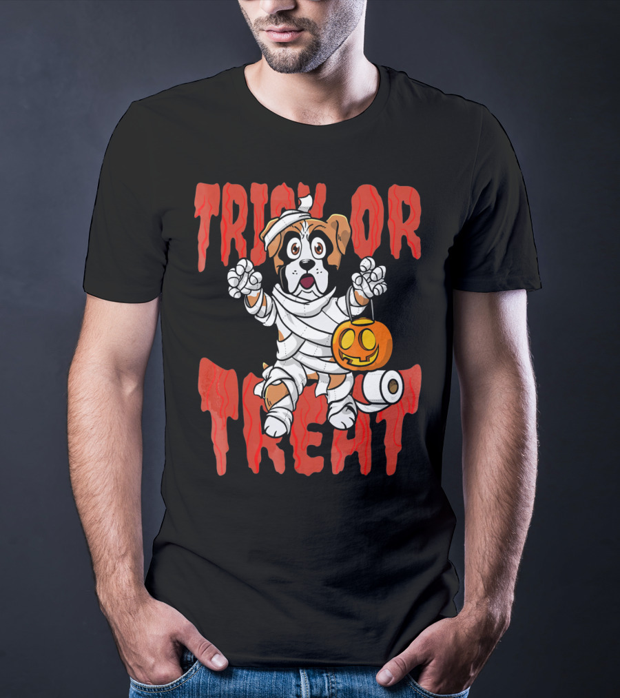 Trick Or Treat Boxer Dog Mummy With Pumpkin And Toilet Paper Rolls T-Shirt