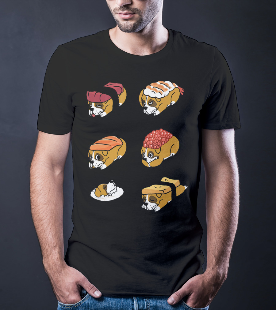 Boxer Dog Nigiri Sushi Funny Dog Boxer Sushi Roll Humor Nigiri Boxer Pups Sushi Styled Boxer Dogs T-Shirt