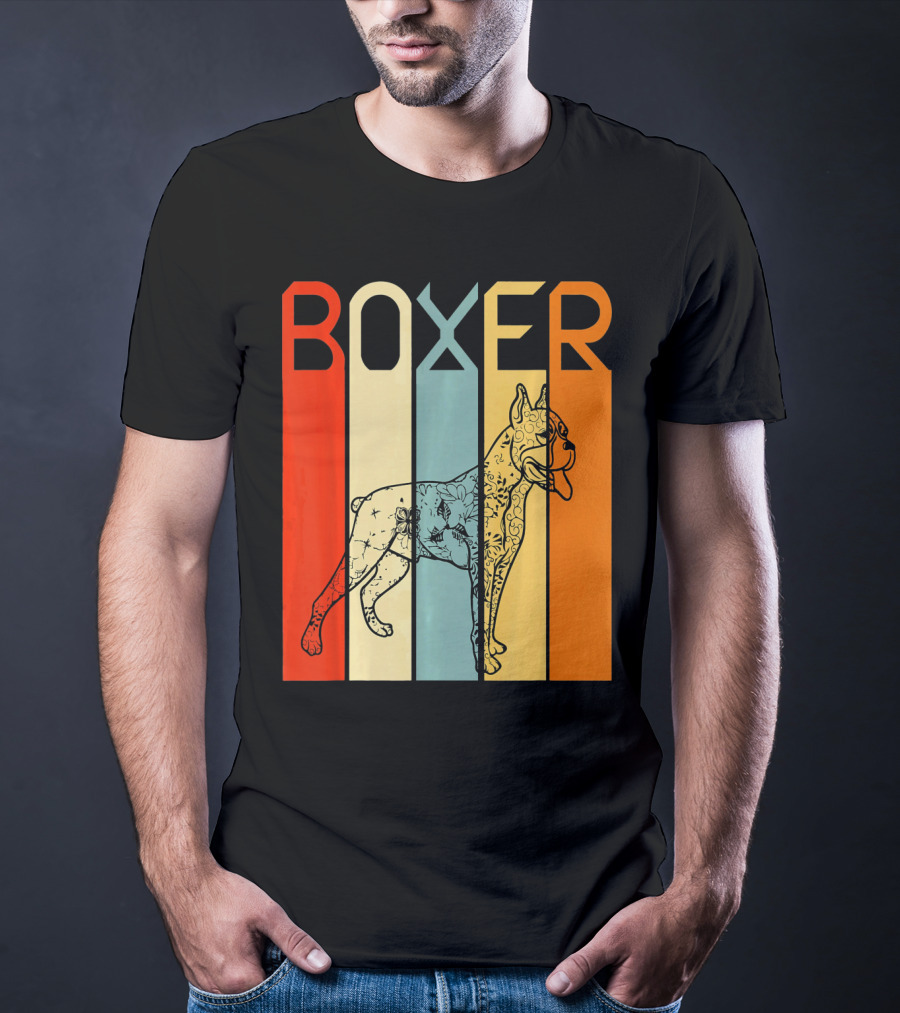 Boxer Dog Retro Stripes Outline T-Shirt
