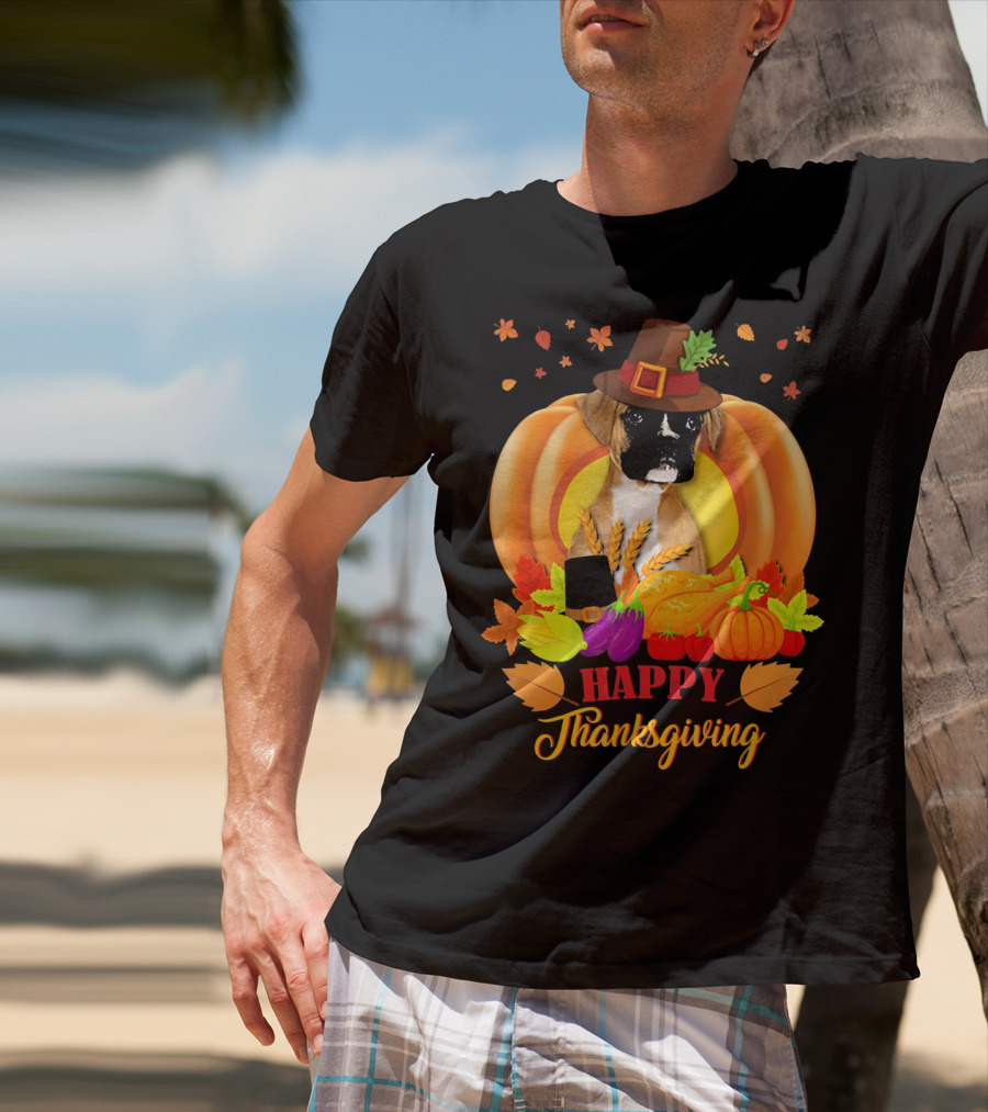 Boxer Dog In Pilgrim Hat Happy Thanksgiving Pumpkin Harvest T-Shirt