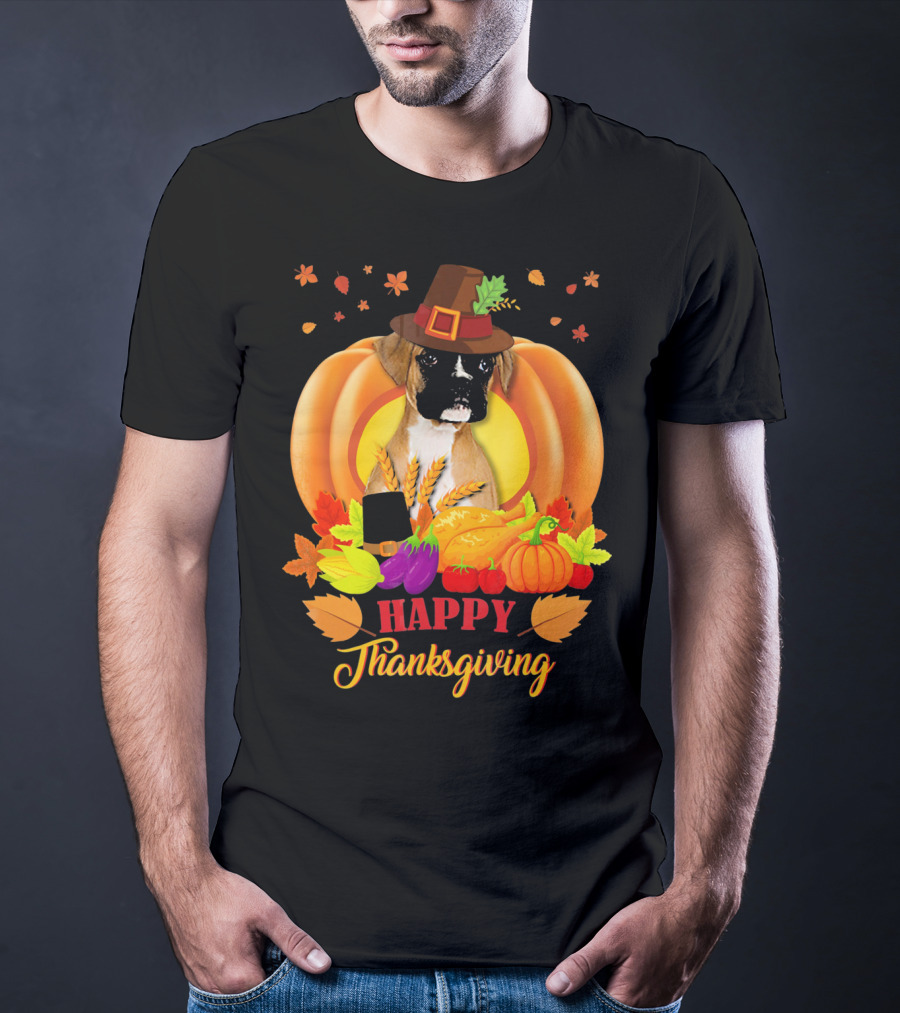 Boxer Dog In Pilgrim Hat Happy Thanksgiving Pumpkin Harvest T-Shirt