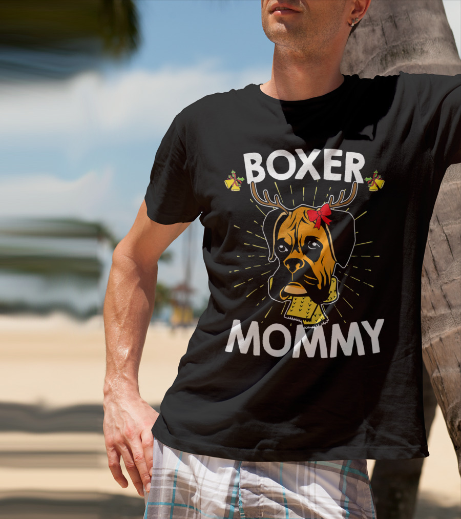 Boxer Mommy Reindeer Antlers Christmas Lights Bow Scarf Dog T-Shirt