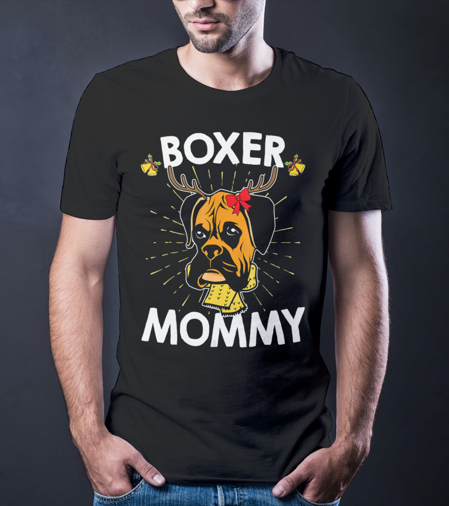 Boxer Mommy Reindeer Antlers Christmas Lights Bow Scarf Dog T-Shirt