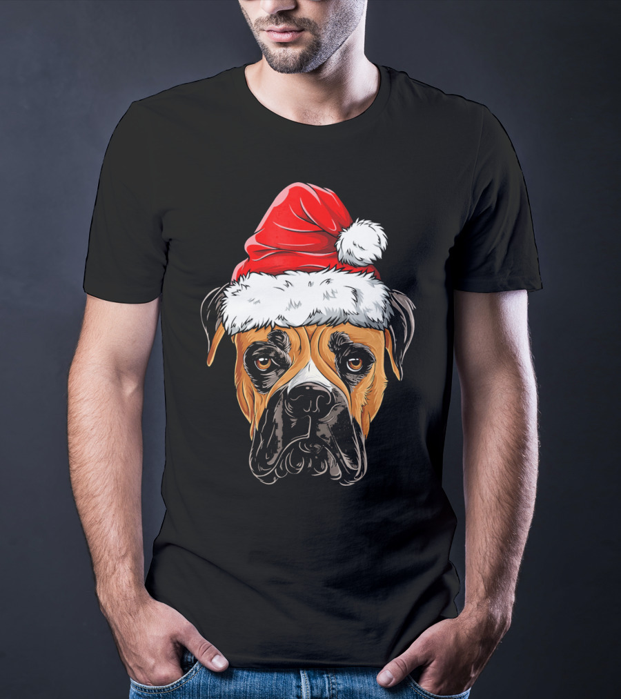 Boxer Dog Wearing Santa Hat T-Shirt