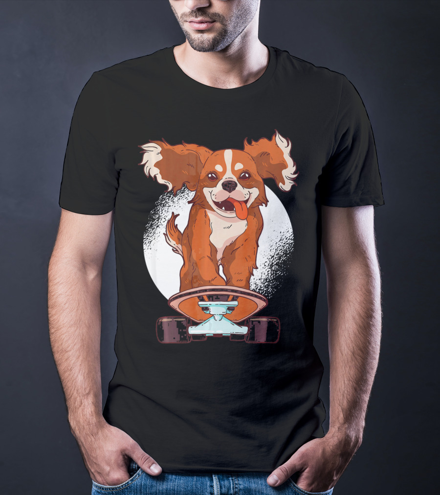 Cavalier Dog On Skateboard With Happy Expression And Energetic Pose T-Shirt