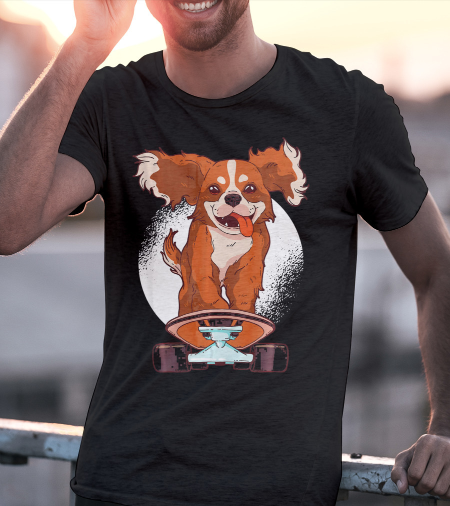Cavalier Dog On Skateboard With Happy Expression And Energetic Pose T-Shirt