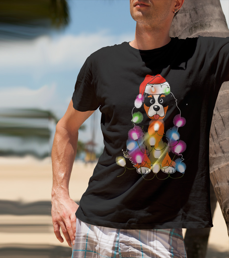 Cavalier King Charles Spaniel Festive Christmas Lights With Santa Hat T-Shirt