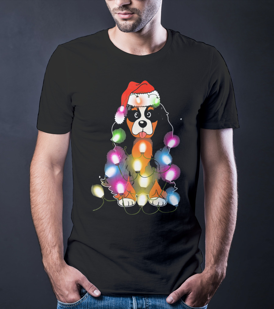 Cavalier King Charles Spaniel Festive Christmas Lights With Santa Hat T-Shirt