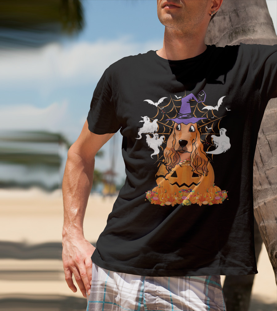 Cavalier King Charles Spaniel Halloween Pumpkin Ghosts And Witch Hat T-Shirt