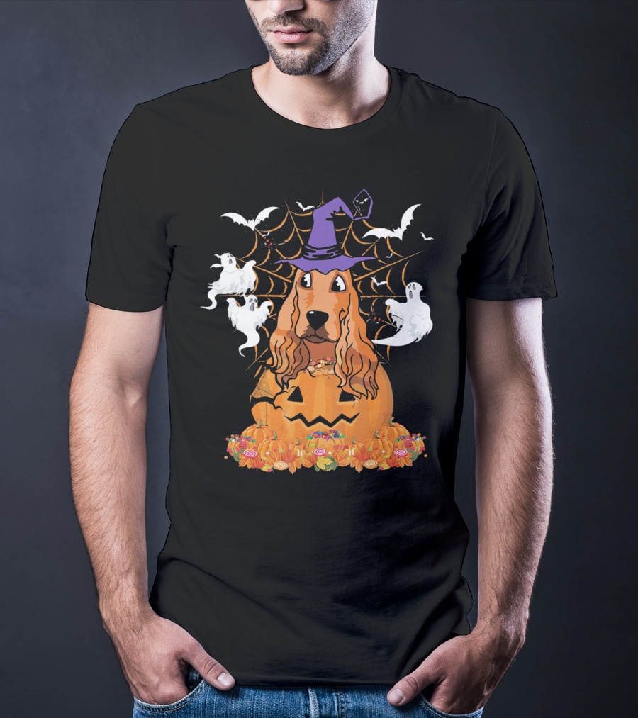 Cavalier King Charles Spaniel Halloween Pumpkin Ghosts And Witch Hat T-Shirt