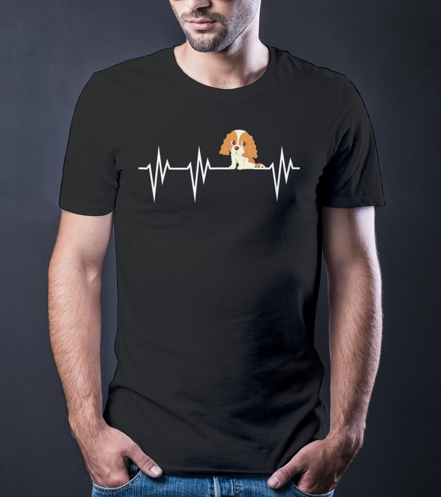 Cavalier King Charles Spaniel Heartbeat EKG Line With Cartoon Puppy T-Shirt