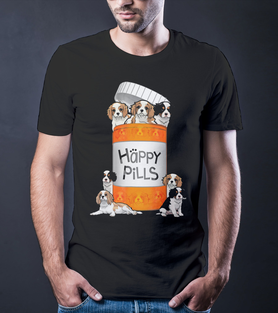 Cavalier King Charles Spaniel Happy Pills Illustration With Puppies In Pill Bottle T-Shirt