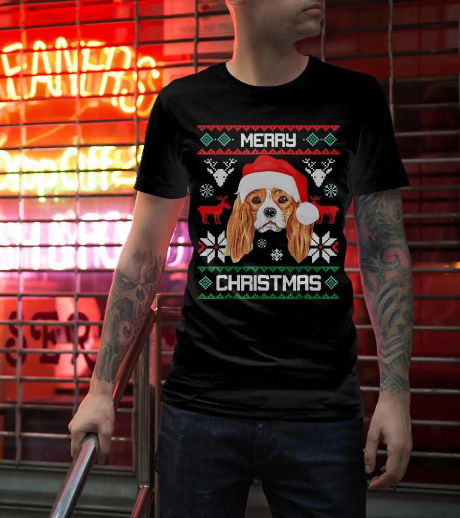 Merry Christmas Cavalier King Charles Spaniel Ugly Sweater Santa Hat T-Shirt