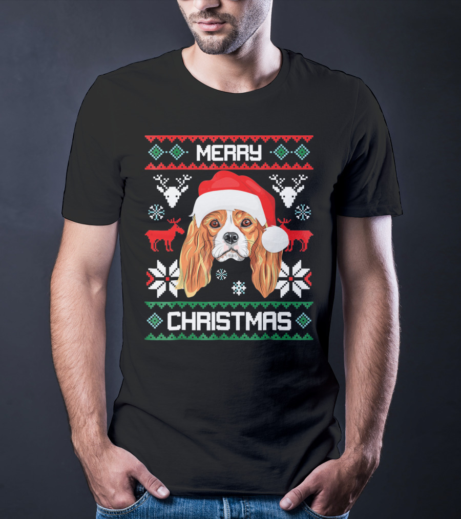 Merry Christmas Cavalier King Charles Spaniel Ugly Sweater Santa Hat T-Shirt