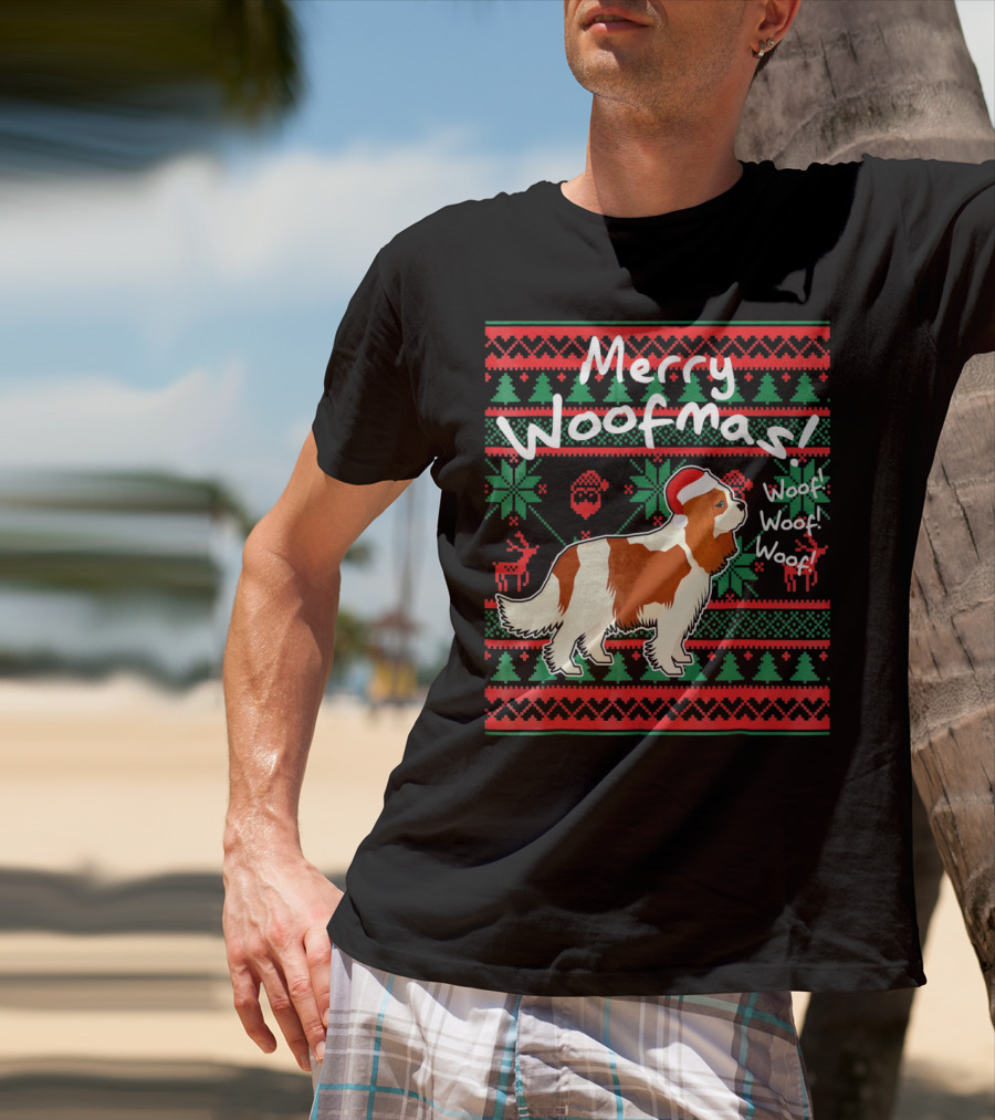 Merry Woofmas Cavalier King Charles Spaniel Festive Santa Hat Woof Woof Holiday T-Shirt