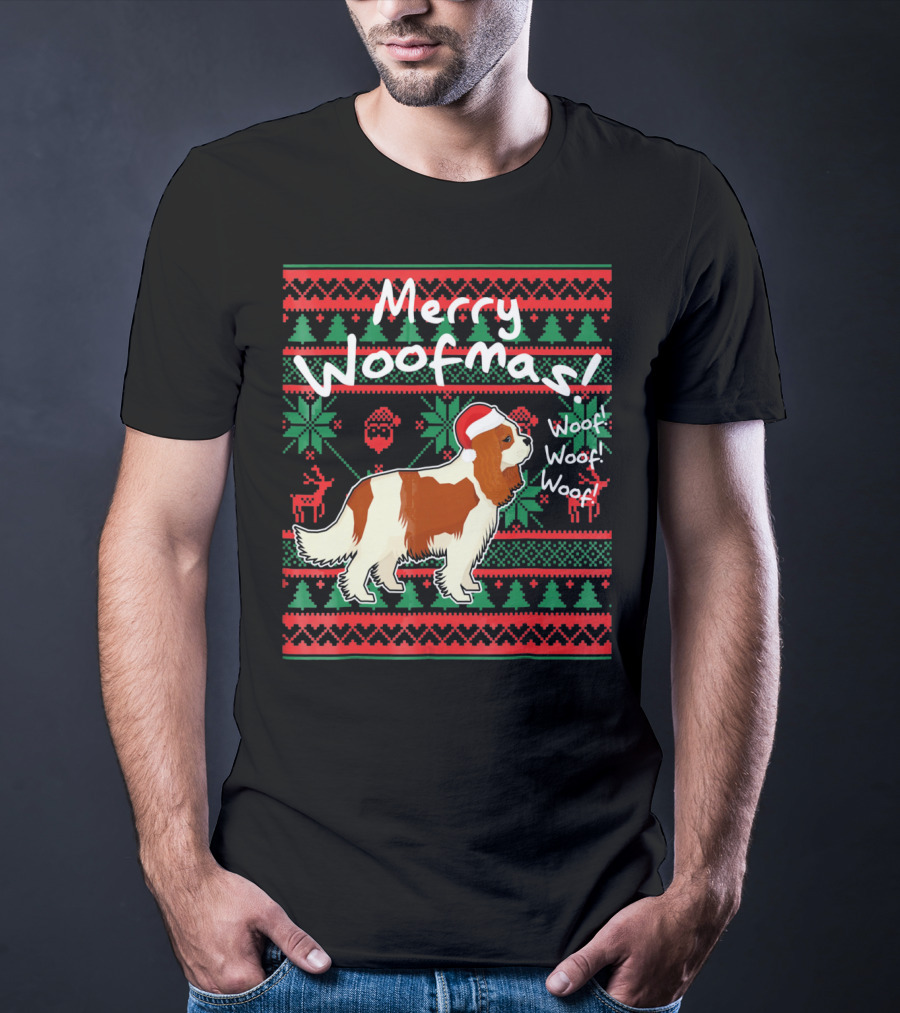 Merry Woofmas Cavalier King Charles Spaniel Festive Santa Hat Woof Woof Holiday T-Shirt