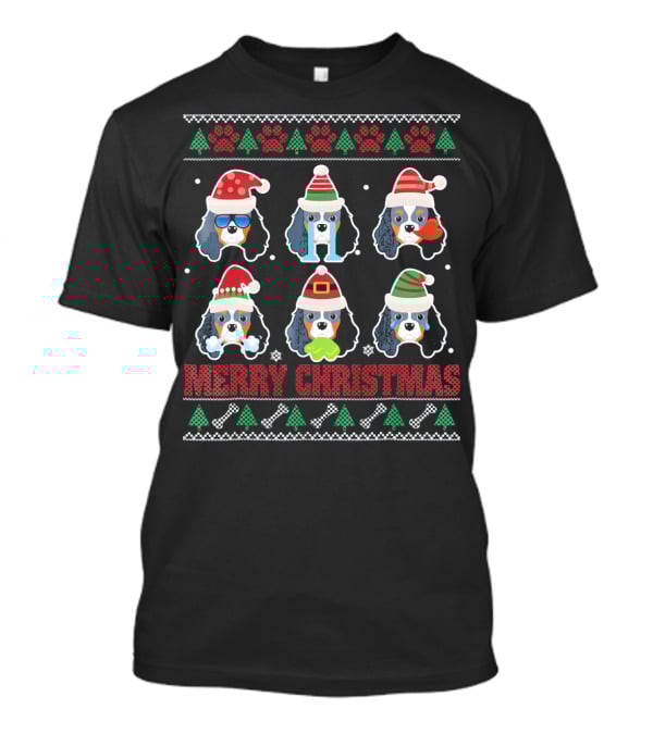 Merry Christmas Cavalier King Charles Spaniel Ugly Santa Santa Hat And Paw Prints T-Shirt