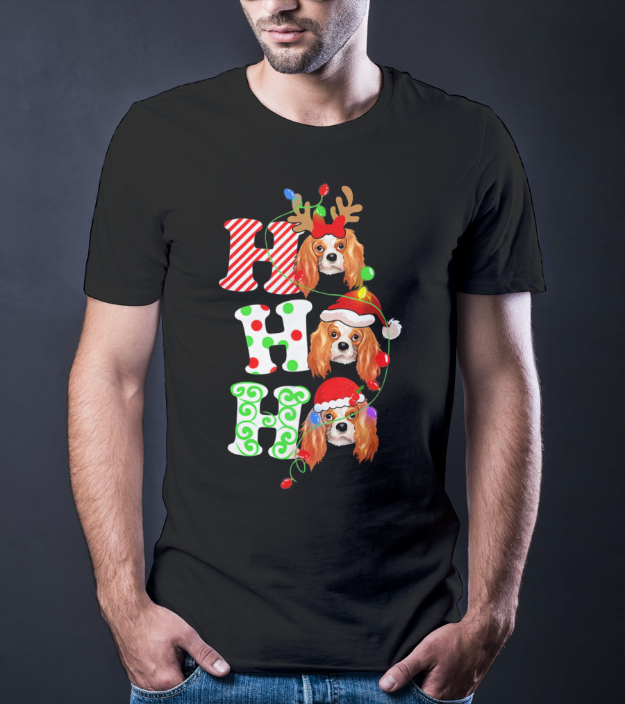 Cavalier King Charles Spaniel Santa Ho Ho Christmas Lights T-Shirt