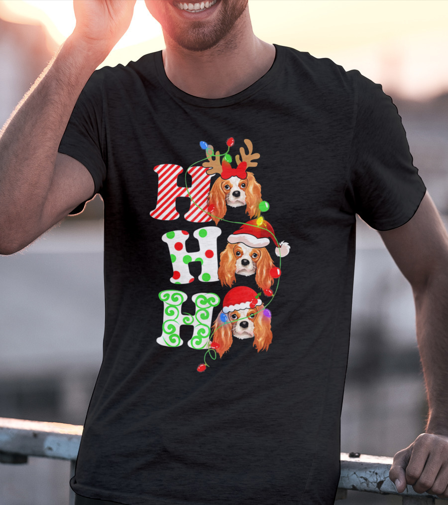 Cavalier King Charles Spaniel Santa Ho Ho Christmas Lights T-Shirt