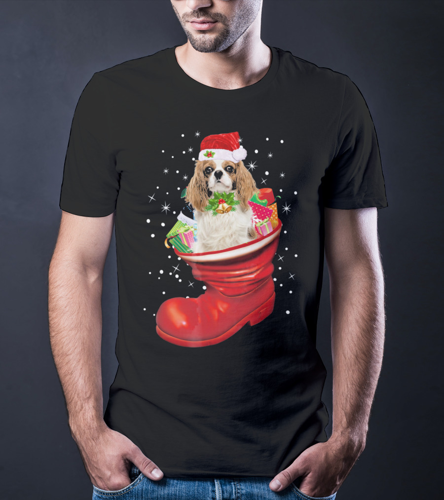 Cavalier King Christmas Dog In Festive Boot With Gifts T-Shirt