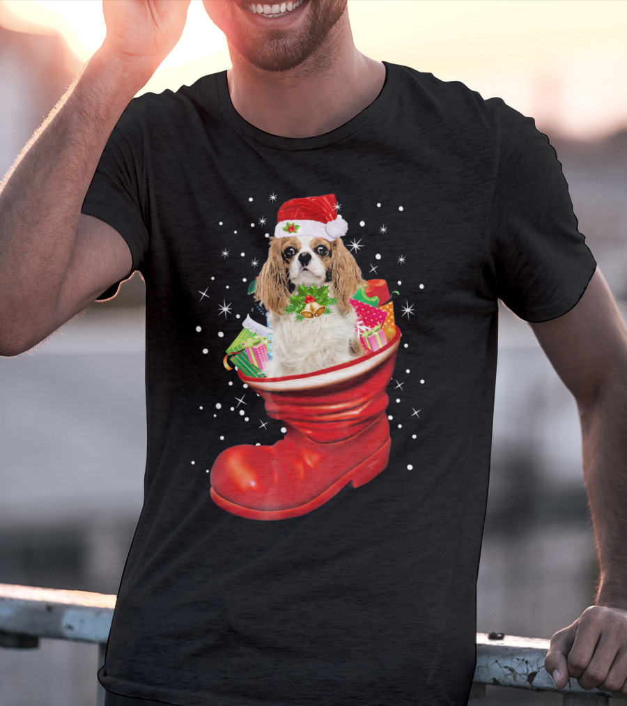 Cavalier King Christmas Dog In Festive Boot With Gifts T-Shirt