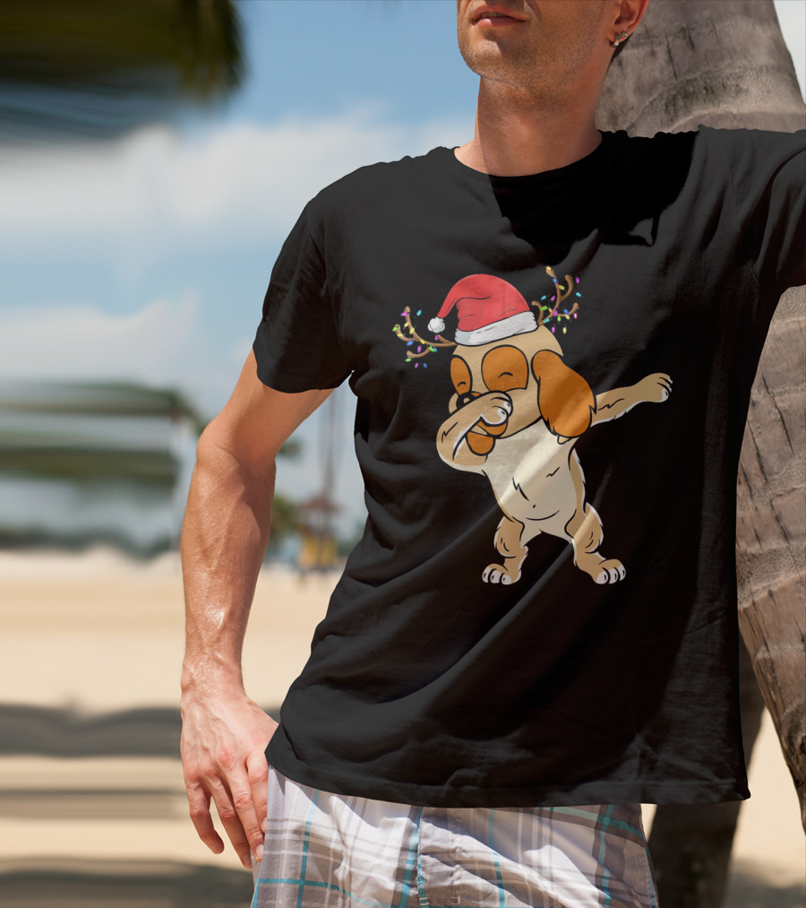 Christmas Cocker Spaniel Dabbing Reindeer Antlers Santa Hat T-Shirt