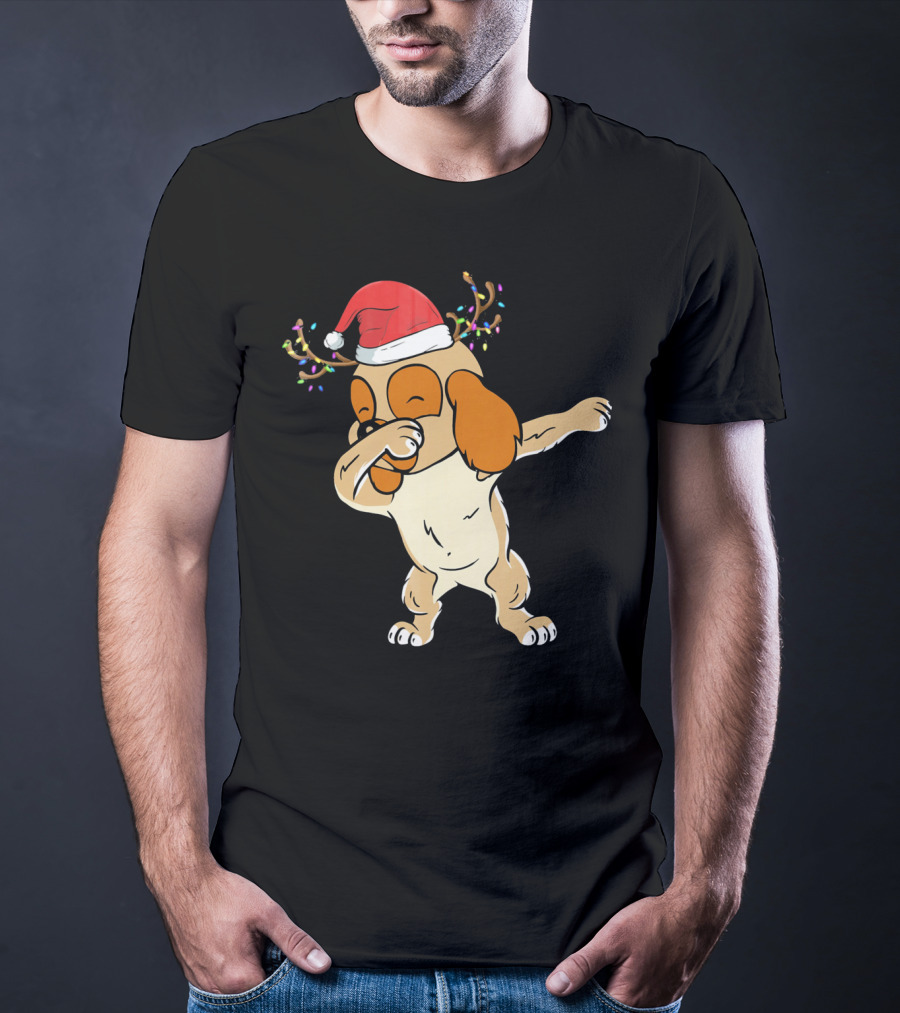 Christmas Cocker Spaniel Dabbing Reindeer Antlers Santa Hat T-Shirt