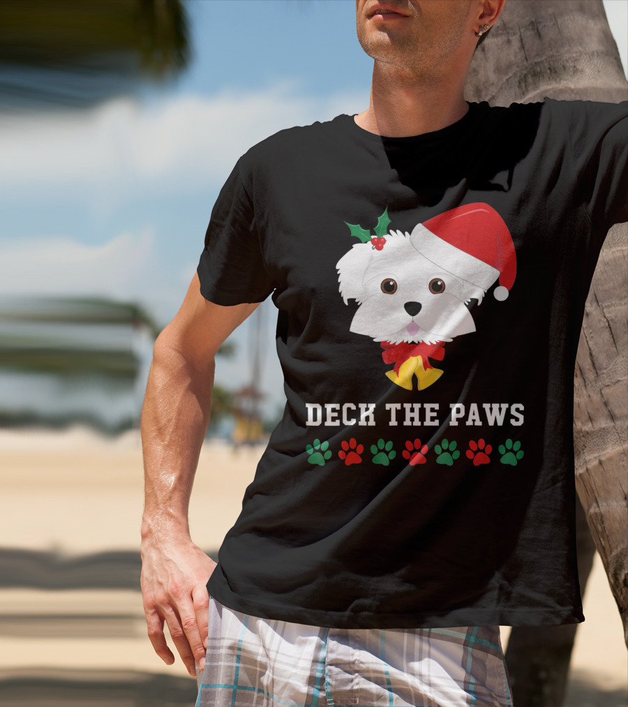 Deck The Paws Christmas Dog Maltese Santa Hat Paw Prints T-Shirt