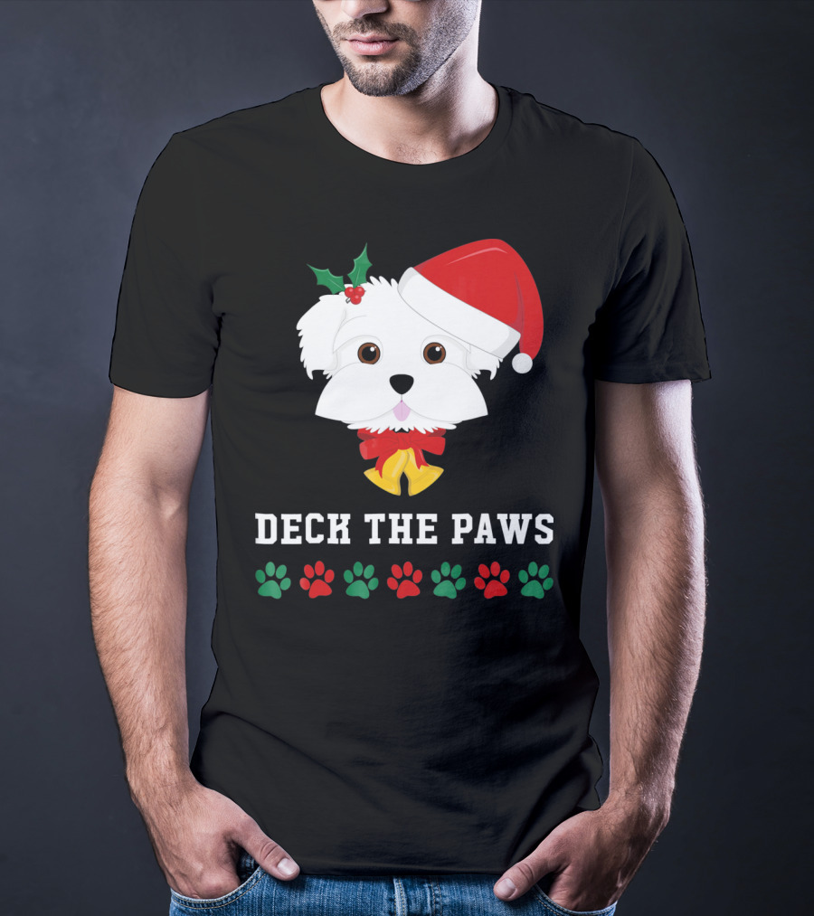 Deck The Paws Christmas Dog Maltese Santa Hat Paw Prints T-Shirt
