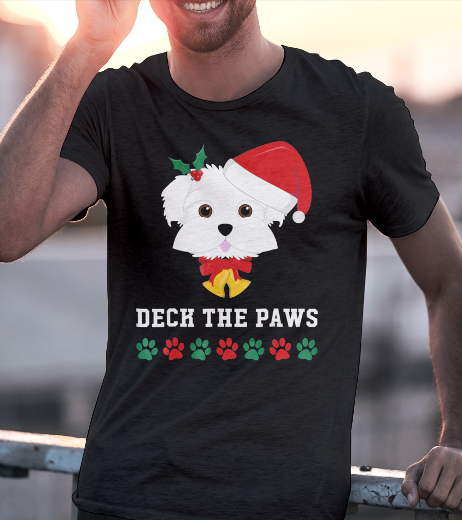 Deck The Paws Christmas Dog Maltese Santa Hat Paw Prints T-Shirt