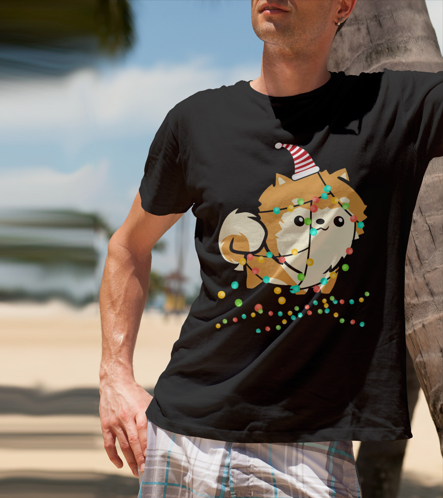 Christmas Lights Pomeranian Santa Hat T-Shirt