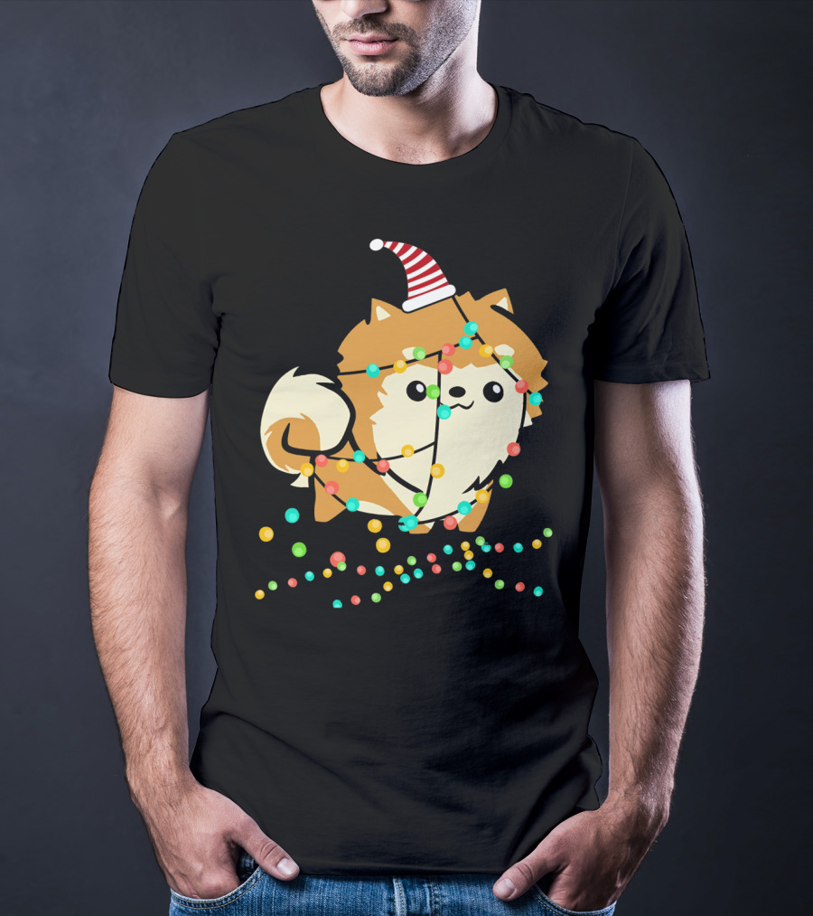 Christmas Lights Pomeranian Santa Hat T-Shirt