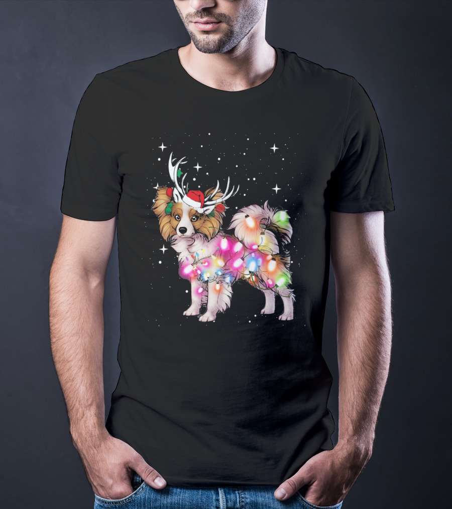 Papillon With Christmas Lights And Santa Antlers T-Shirt