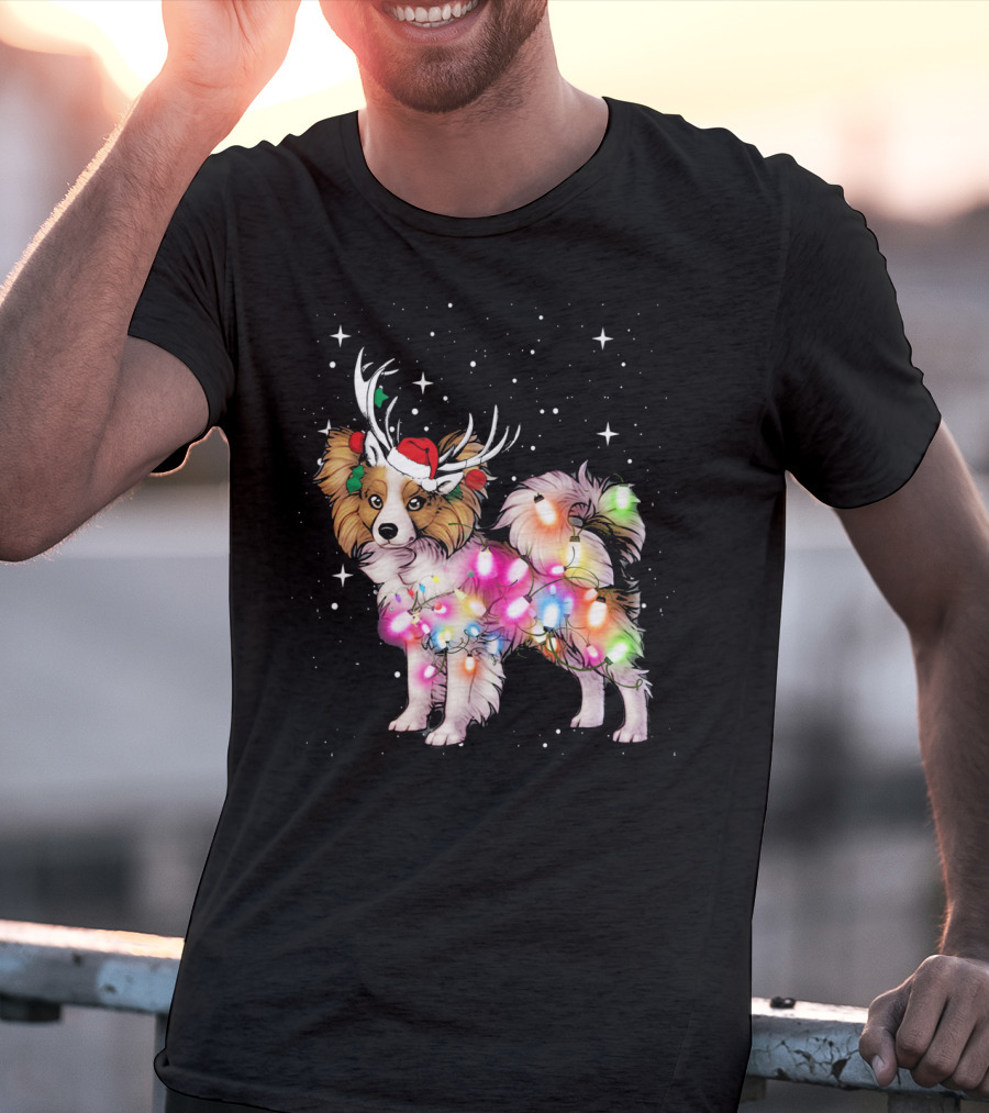 Papillon With Christmas Lights And Santa Antlers T-Shirt