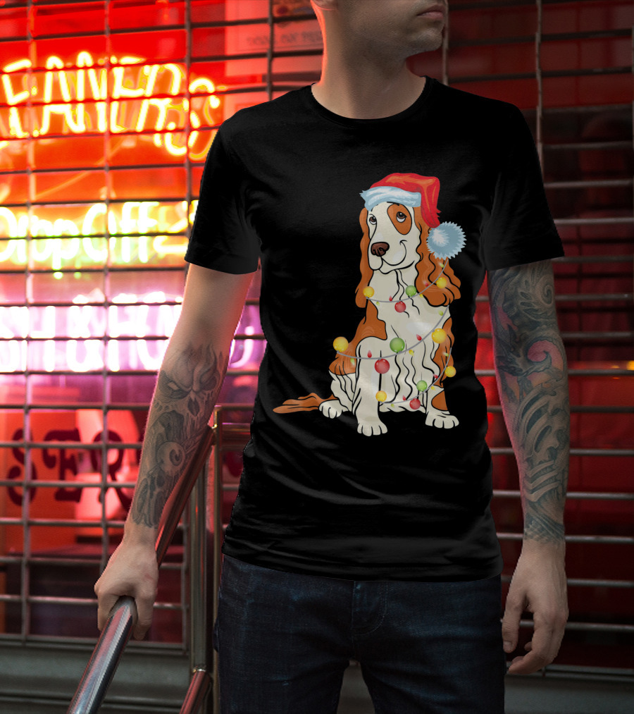 Cocker Spaniel Wearing Santa Hat With Colorful Christmas Lights T-Shirt