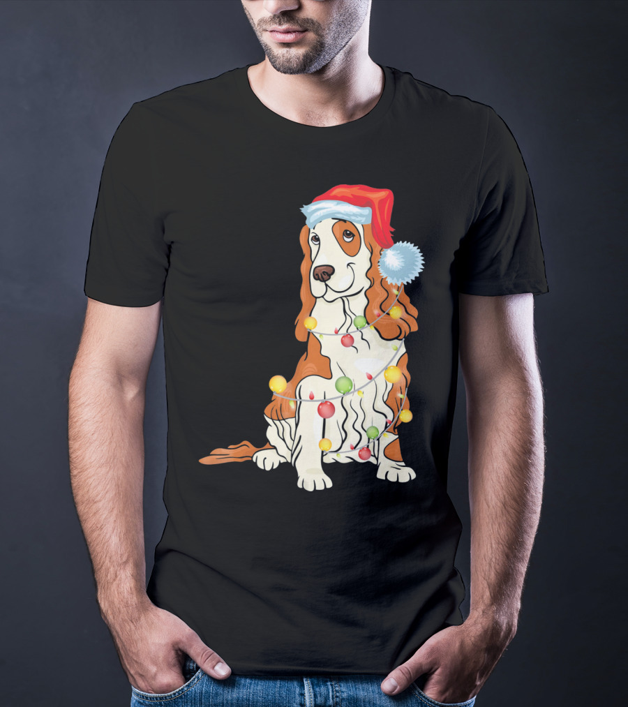 Cocker Spaniel Wearing Santa Hat With Colorful Christmas Lights T-Shirt