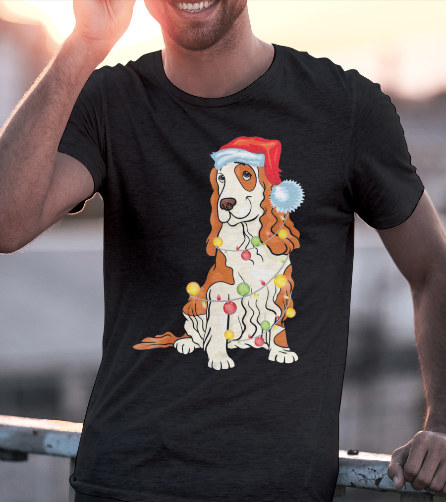 Cocker Spaniel Wearing Santa Hat With Colorful Christmas Lights T-Shirt