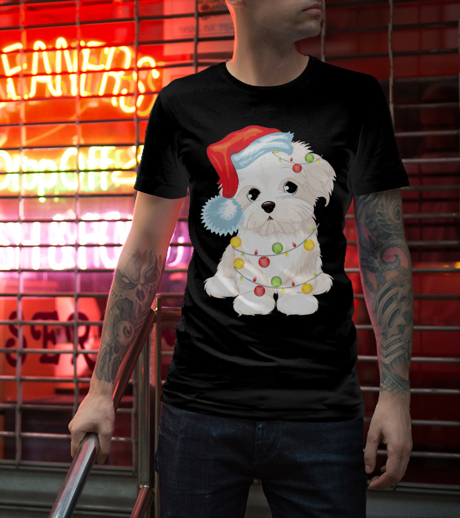 Santa Hat Maltese Dog Wrapped In Christmas Lights T-Shirt