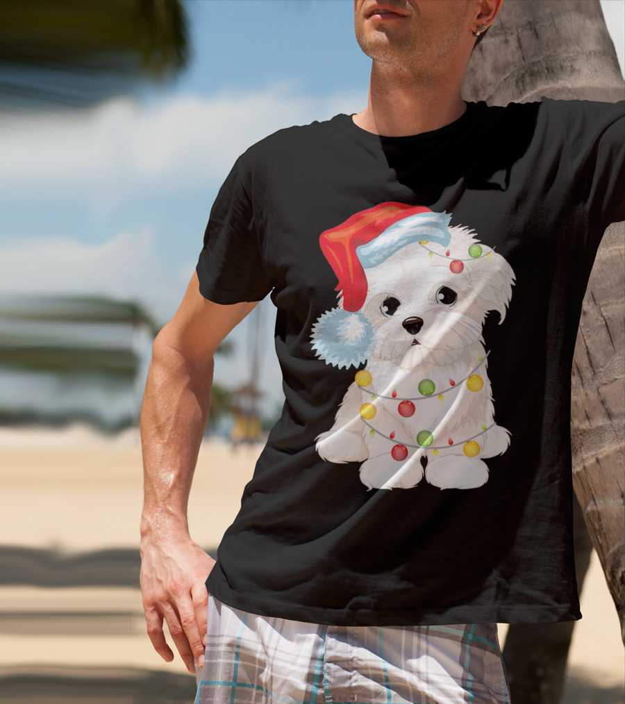 Santa Hat Maltese Dog Wrapped In Christmas Lights T-Shirt