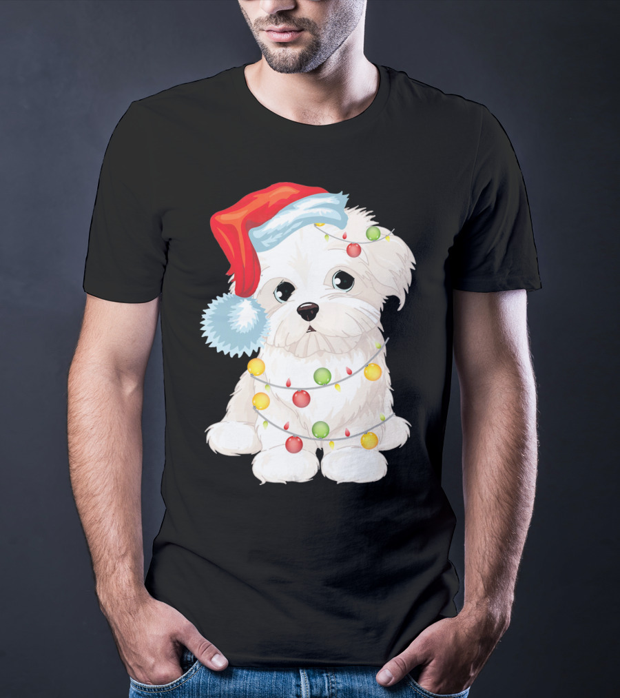 Santa Hat Maltese Dog Wrapped In Christmas Lights T-Shirt