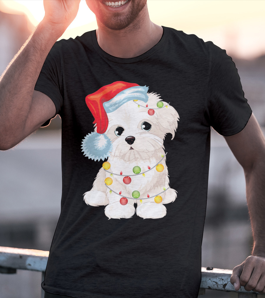 Santa Hat Maltese Dog Wrapped In Christmas Lights T-Shirt