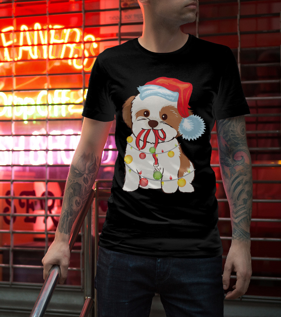 Christmas Lights Shih Tzu With Santa Hat And Festive Ornaments T-Shirt