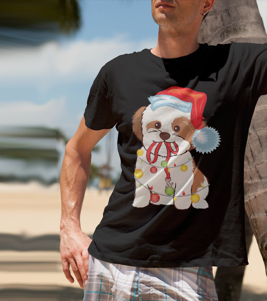 Christmas Lights Shih Tzu With Santa Hat And Festive Ornaments T-Shirt