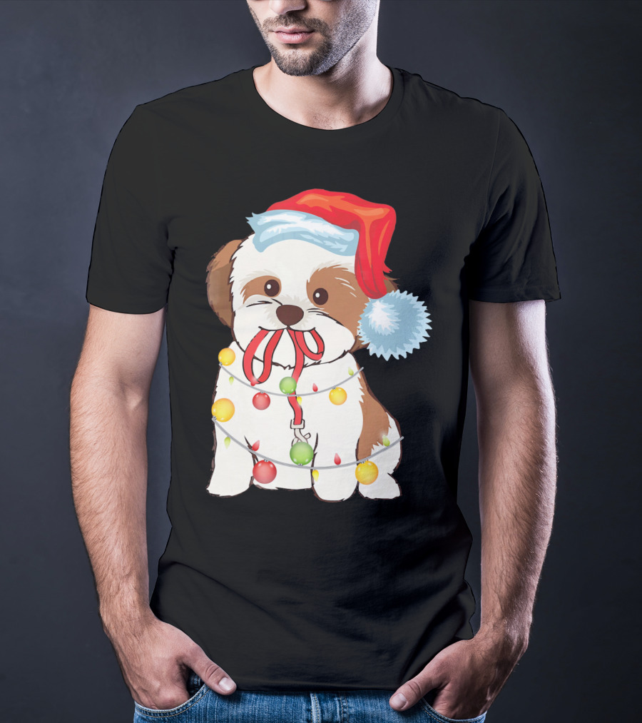 Christmas Lights Shih Tzu With Santa Hat And Festive Ornaments T-Shirt