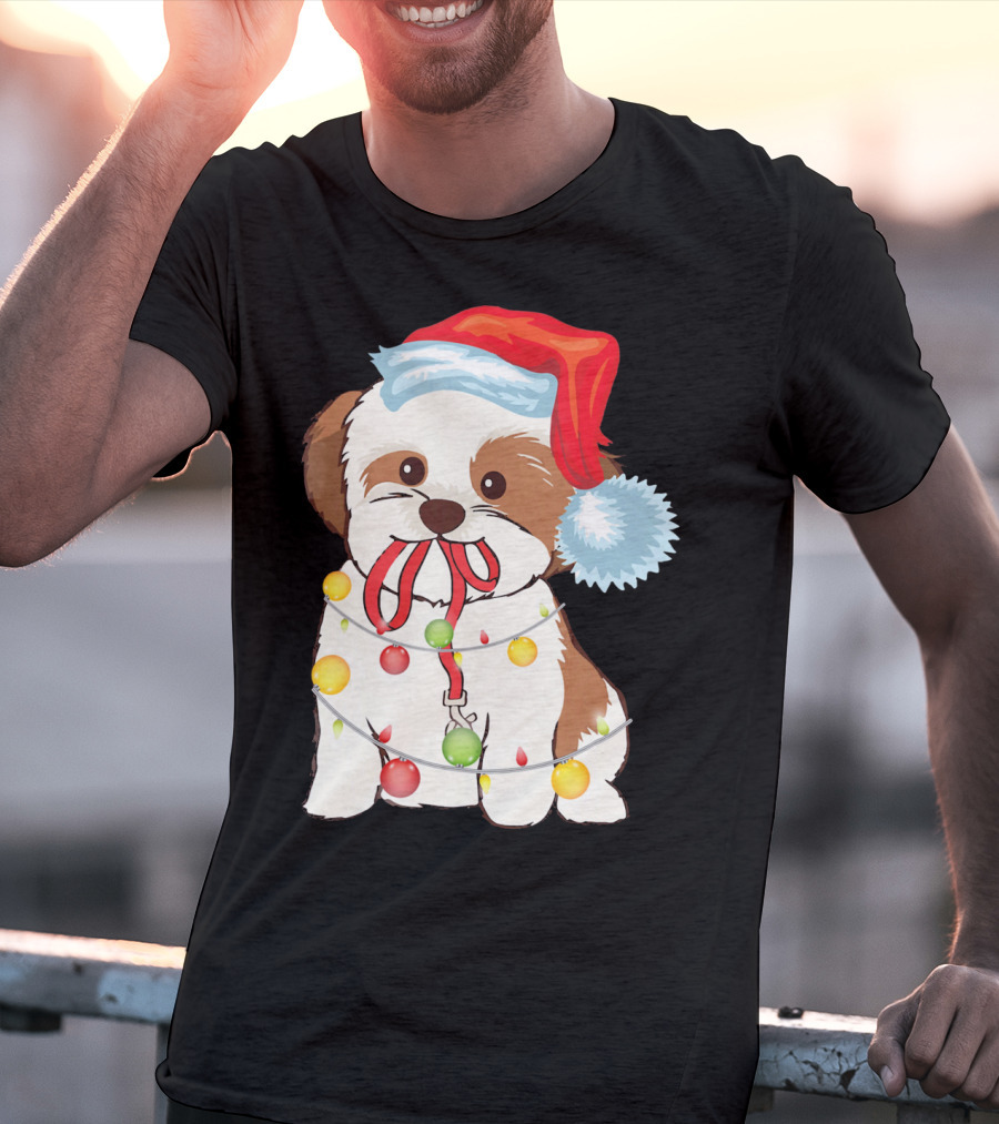 Christmas Lights Shih Tzu With Santa Hat And Festive Ornaments T-Shirt