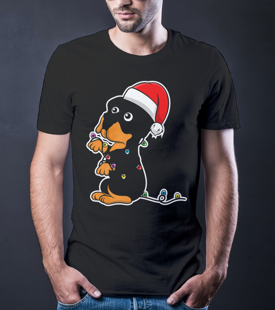 Christmas Rottweiler Puppy Santa Hat Lights T-Shirt