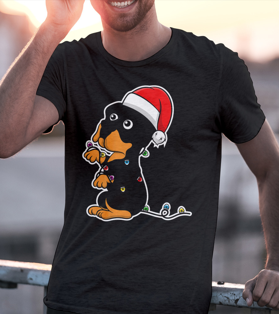 Christmas Rottweiler Puppy Santa Hat Lights T-Shirt