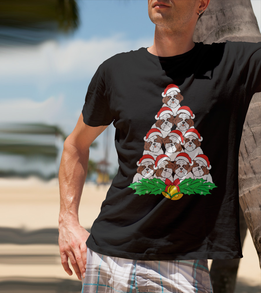 Christmas Shih Tzu Santa Hats Tree With Holly And Bells T-Shirt