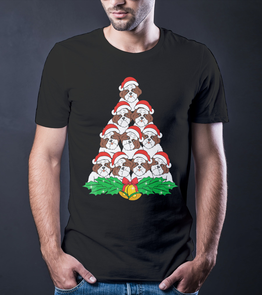 Christmas Shih Tzu Santa Hats Tree With Holly And Bells T-Shirt