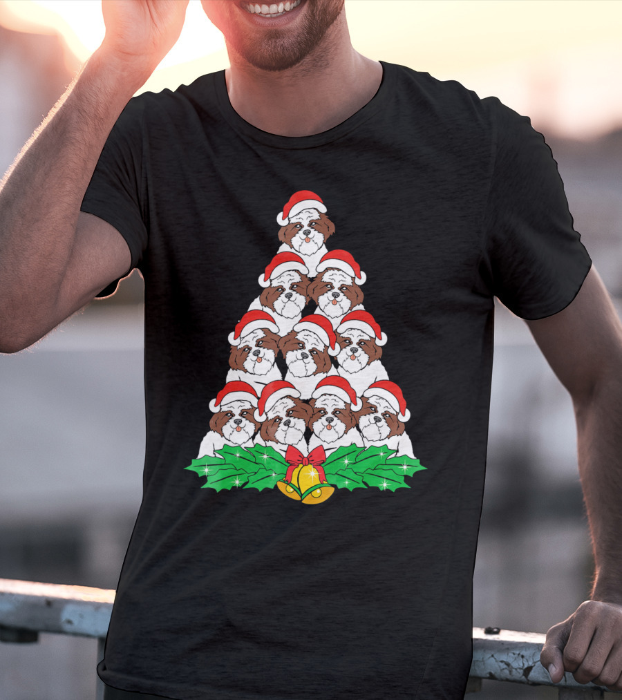 Christmas Shih Tzu Santa Hats Tree With Holly And Bells T-Shirt